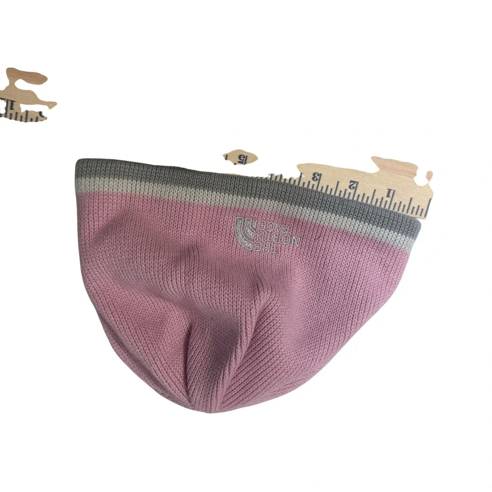 The North Face Beanie Girls One Size Pink Grey Stripe Knit Skull Cap Hat